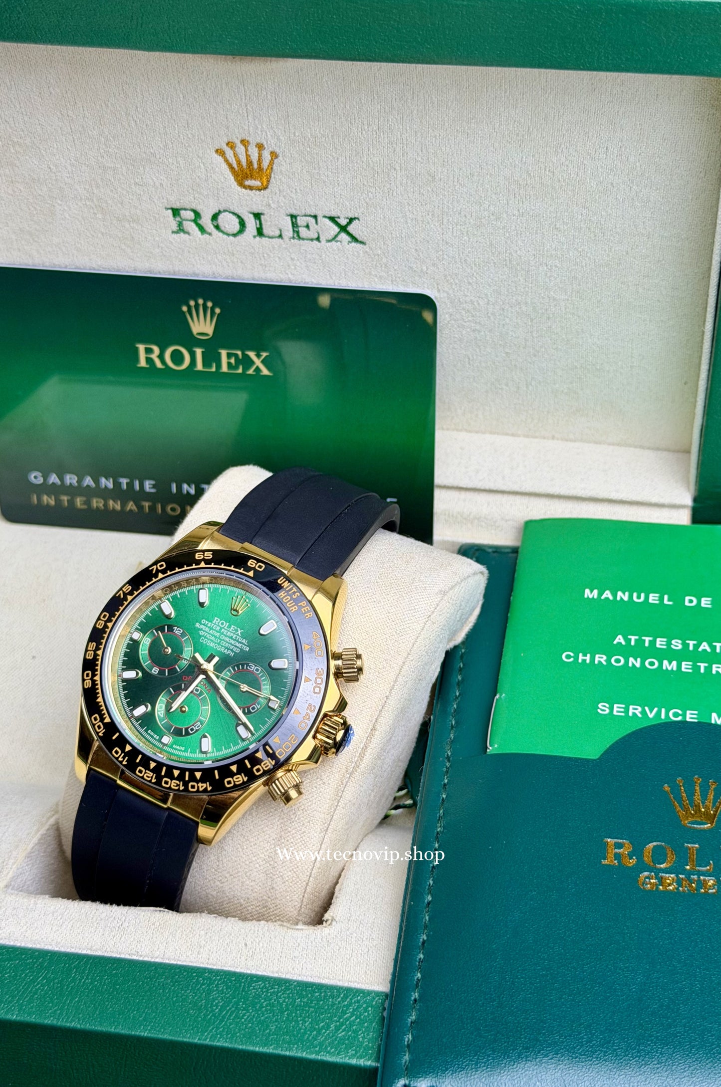 ROLEX DAYTONA GOLD AND GREEN OYSTERFLEX AAA+ (OPCIÓN A FULL SET)
