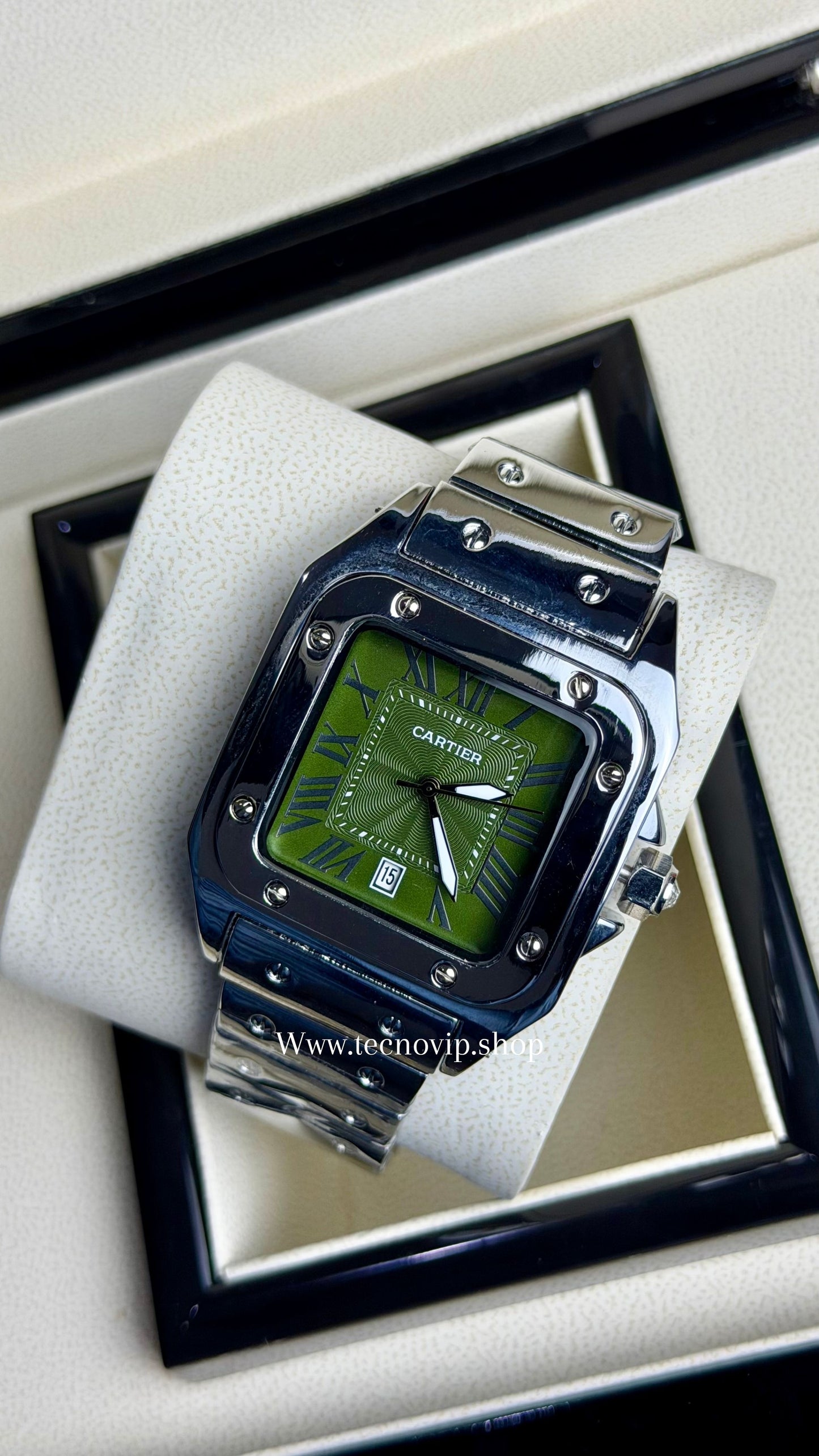 CARTIER SANTOS SILVER AND GREEN