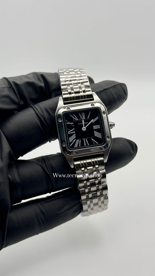 CARTIER SANTOS 	SILVER AND BLACK 28 (MUJER)
