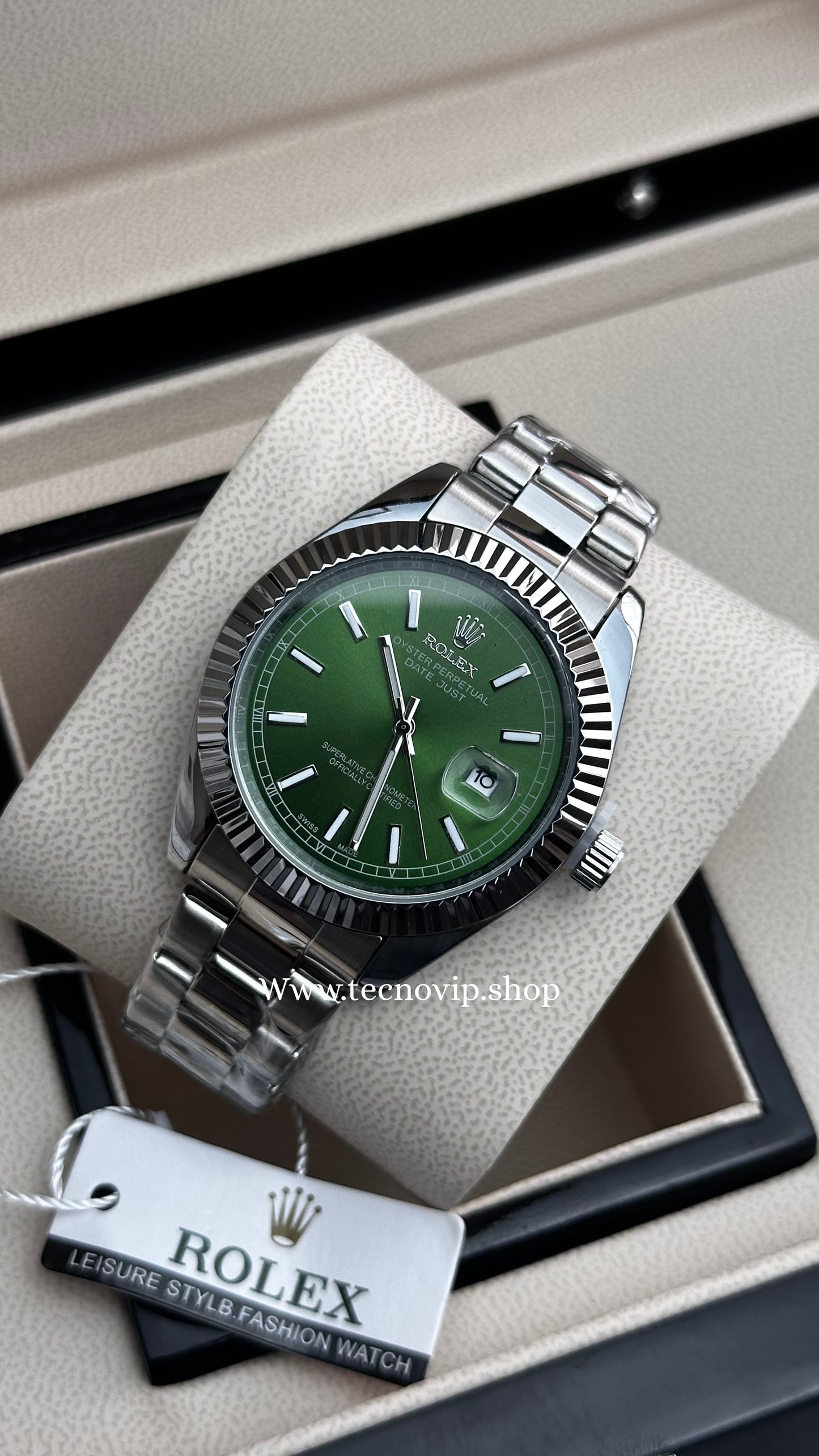 ROLEX DATEJUST SILVER AND GREEN