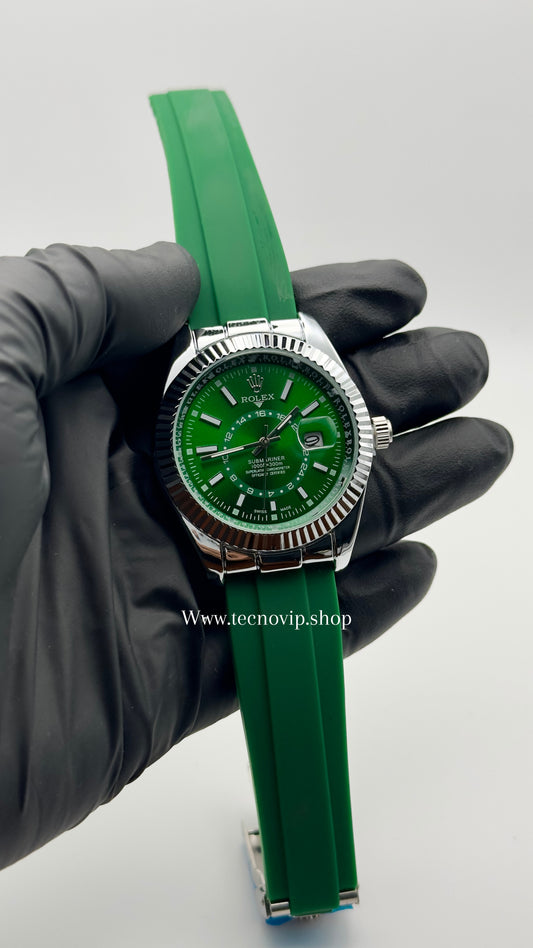 ROLEX SKYDWELLER OYSTERFLEX GREEN SILVER