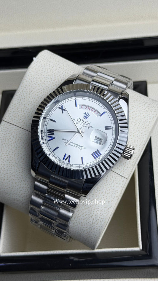 ROLEX DAY DATE SILVER AND WHITE BLUE