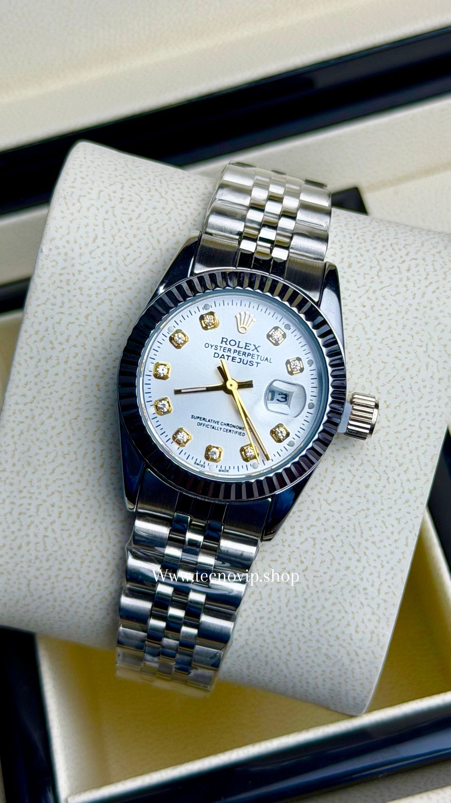 ROLEX PRESIDENCIAL SILVER AND WHITE STONE GOLD   (MUJER)