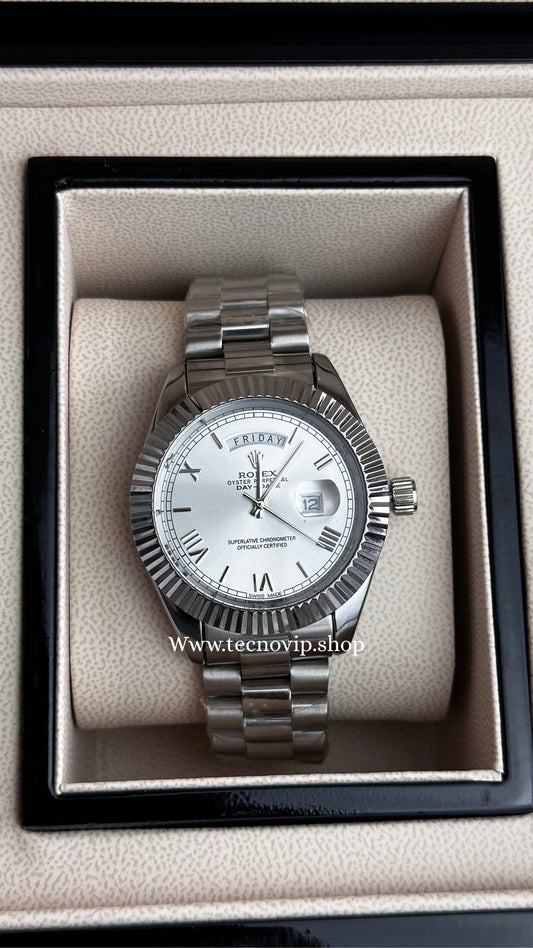 ROLEX DAY DATE SILVER AND WHITE