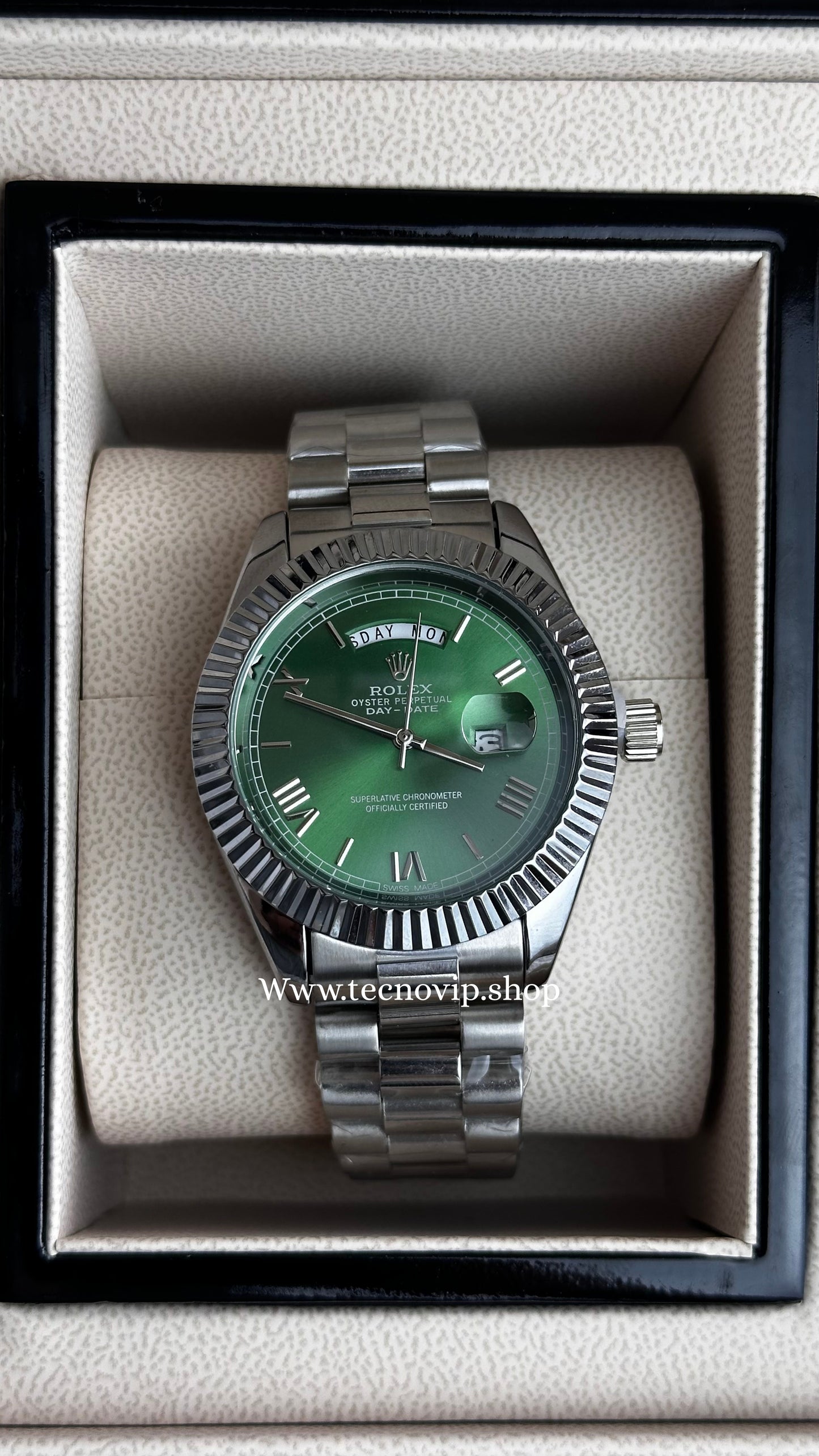 ROLEX DAY DATE SILVER AND GREEN