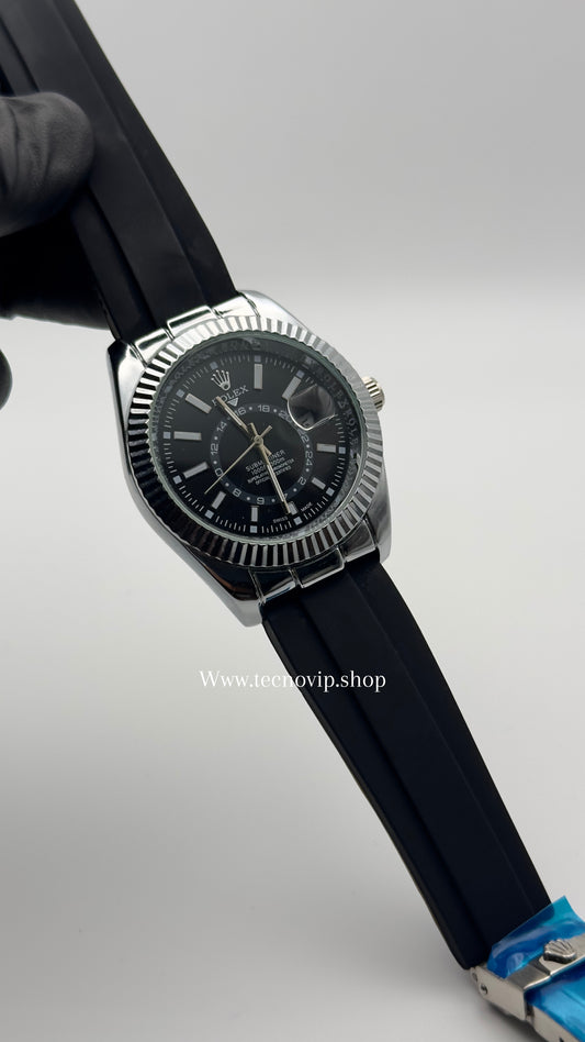 ROLEX SKYDWELLER OYSTERFLEX BLACK AND SILVER