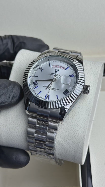 ROLEX DAY DATE SILVER AND WHITE BLUE