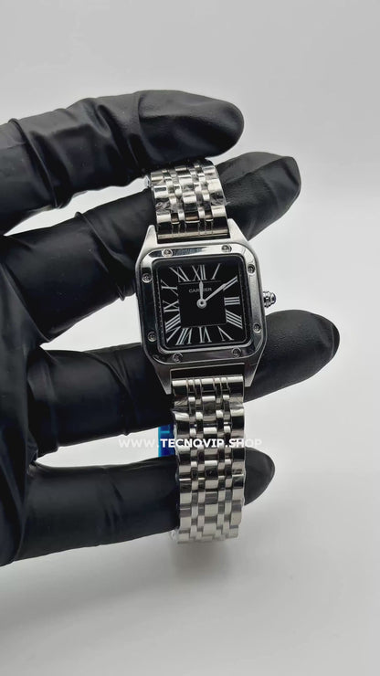 CARTIER SANTOS 	SILVER AND BLACK 28 (MUJER)